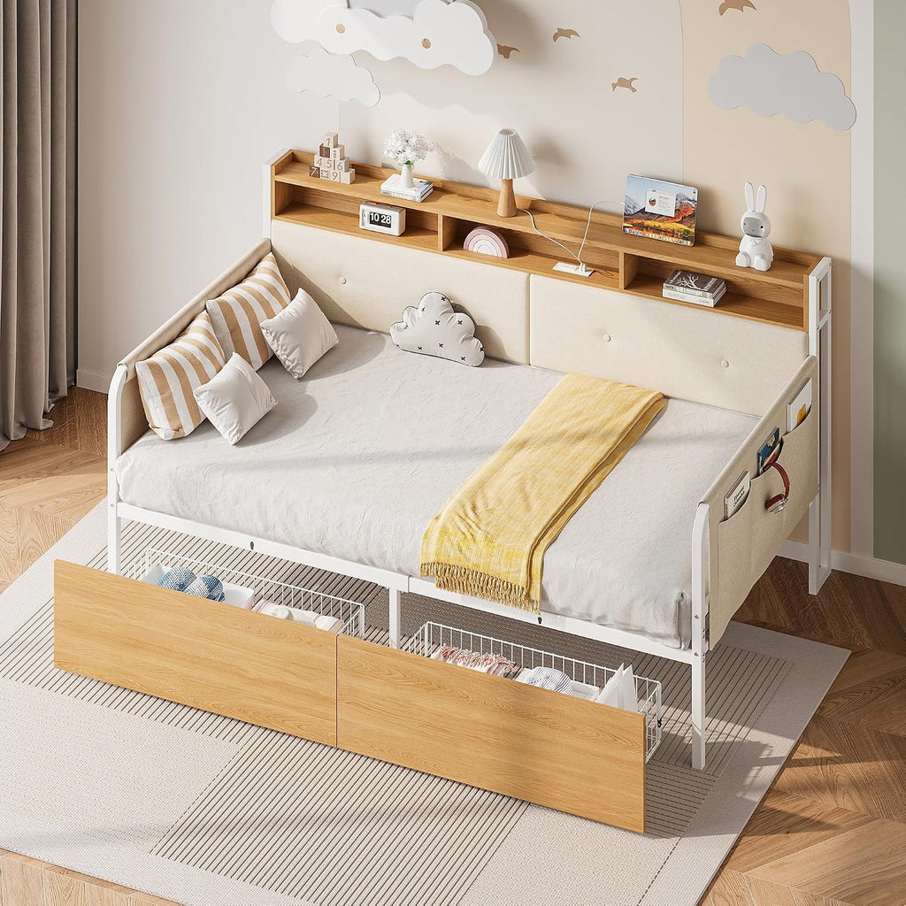 LIKIMIO Twin Daybed with Storage,Upholstered Headboard and Charging Station,White