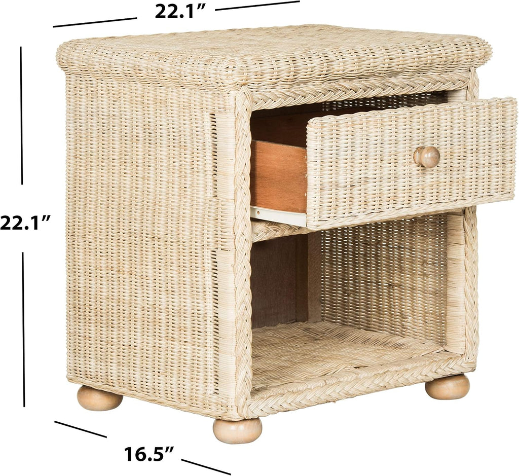 SAFAVIEH Home Collection - Adira Natural White Wash Wicker 1-Drawer Nightstand Accent Table, Coastal Boho Bedroom Storage Furniture with Shelf, 22.1'W x 16.5'D x 22.1'H (SEA8002A)
