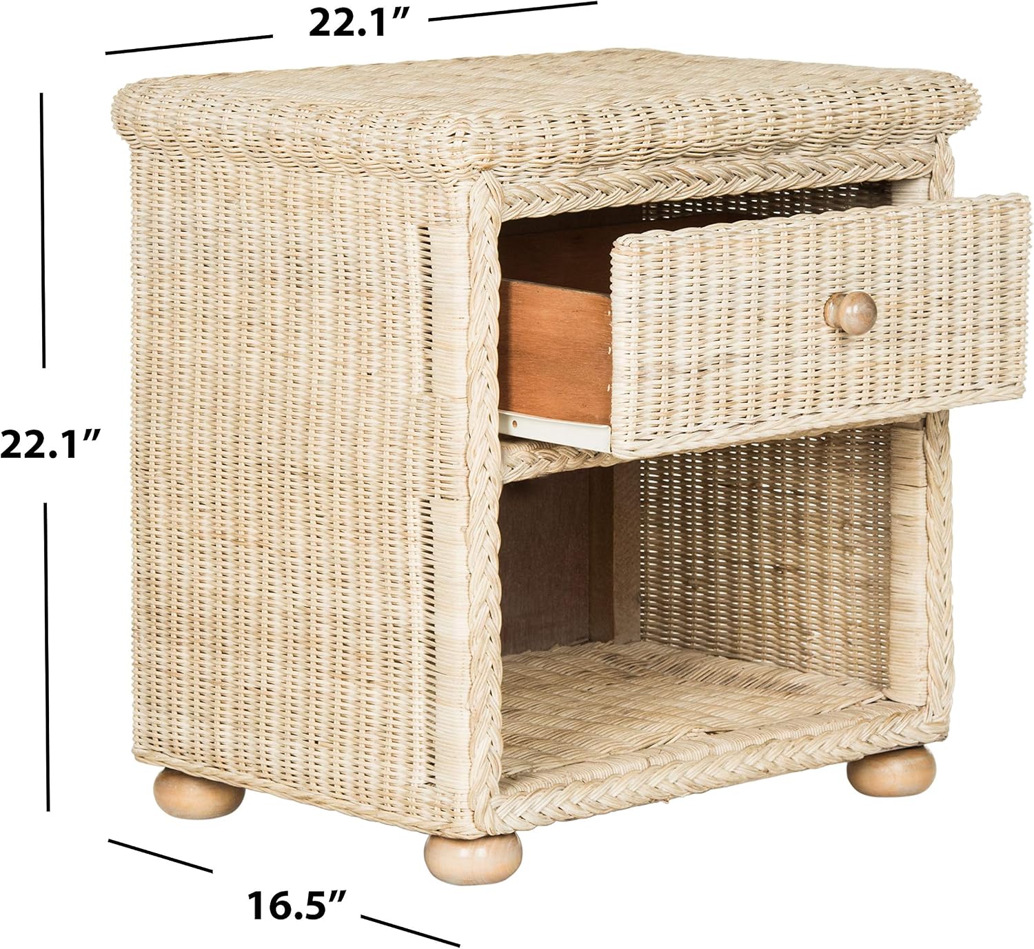 SAFAVIEH Home Collection - Adira Natural White Wash Wicker 1-Drawer Nightstand Accent Table, Coastal Boho Bedroom Storage Furniture with Shelf, 22.1'W x 16.5'D x 22.1'H (SEA8002A)
