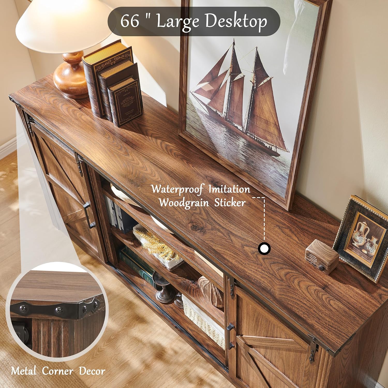 JXQTLINGMU Farmhouse TV Stand for 75+ Inch TV, 32' Tall Entertainment Center w/4 Drawers & Sliding Barn Door, Rustic Media Console w/Storage Shelves, 66' Wood Television Stand for Living Room, Brown