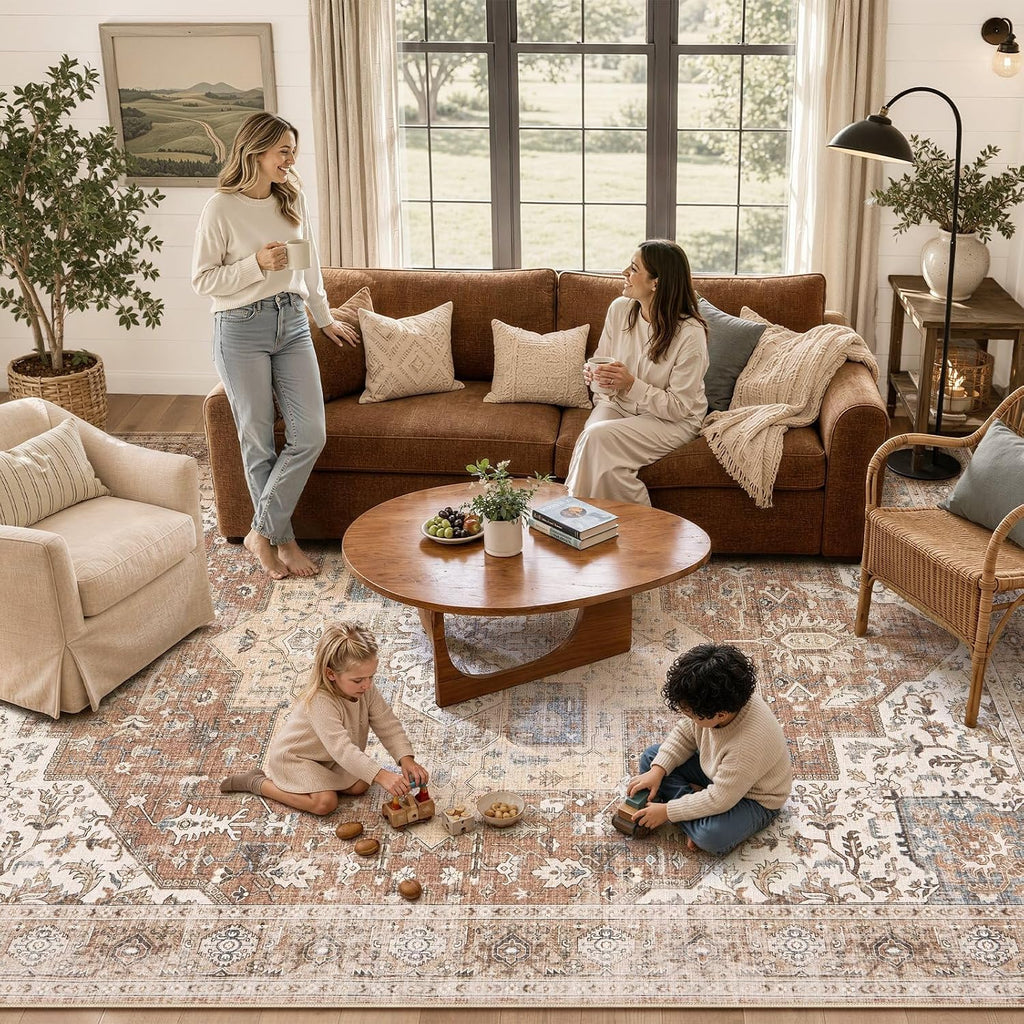 Washable Rug 12x15 Area Rugs: Boho Vintage Distressed Oriental Medallion Neutral Thin Large Rug Carpet for Living Room Bedroom Dining Room Home Office Decor - Brick Red