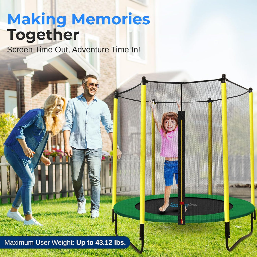 SereneLife 5FT Outdoor & Indoor Trampoline for Kids – Durable Mini Toddler Trampoline with Net Enclosure & Basketball Hoop - Supports 176 lbs, 60'x76'