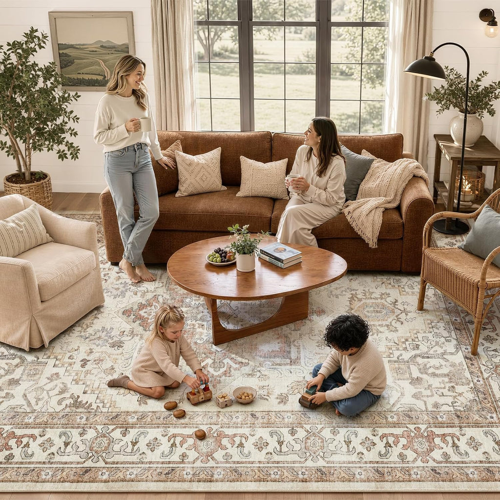 Washable Rug 9x12 Area Rugs: Boho Vintage Distressed Oriental Medallion Neutral Thin Large Rug Carpet for Living Room Bedroom Dining Room Home Office Decor - Beige
