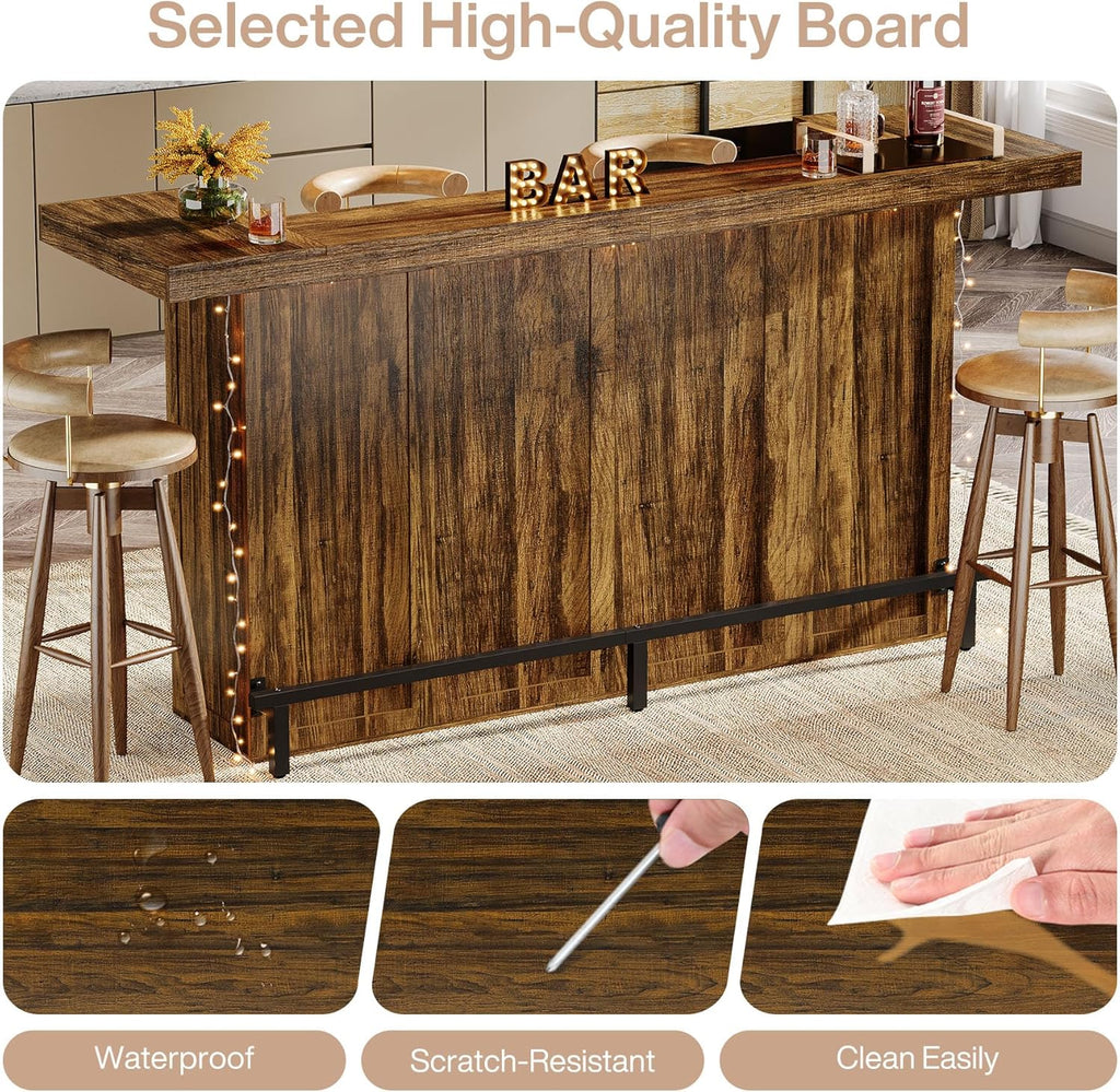 Tribesigns 4-Tier Bar Table, 70.9-Inch Large Wood Home Bar Unit with Wine Glass Holder and Black Footrest, Pub Table with Storage Shelves for Kitchen, Indoor, Brown