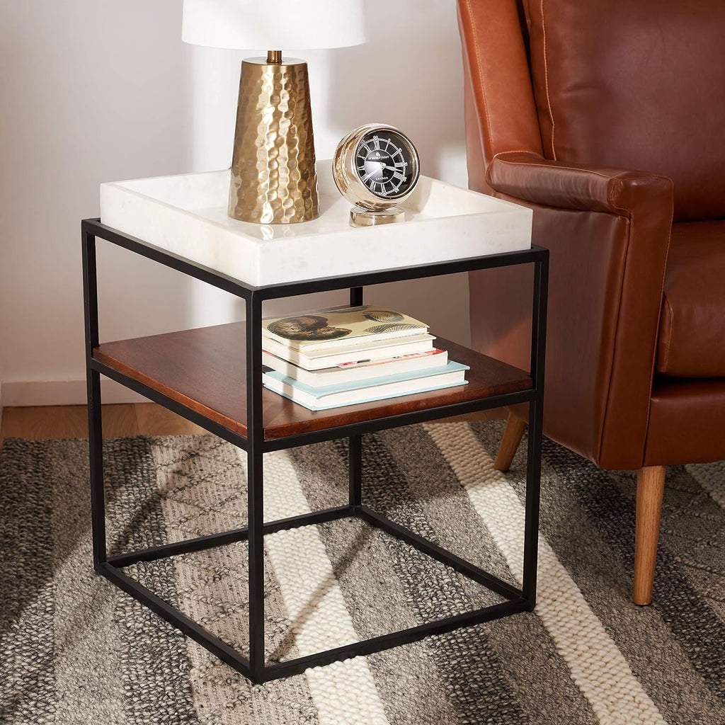 SAFAVIEH Home Kya White Marble and Walnut 2-Tier Accent Table