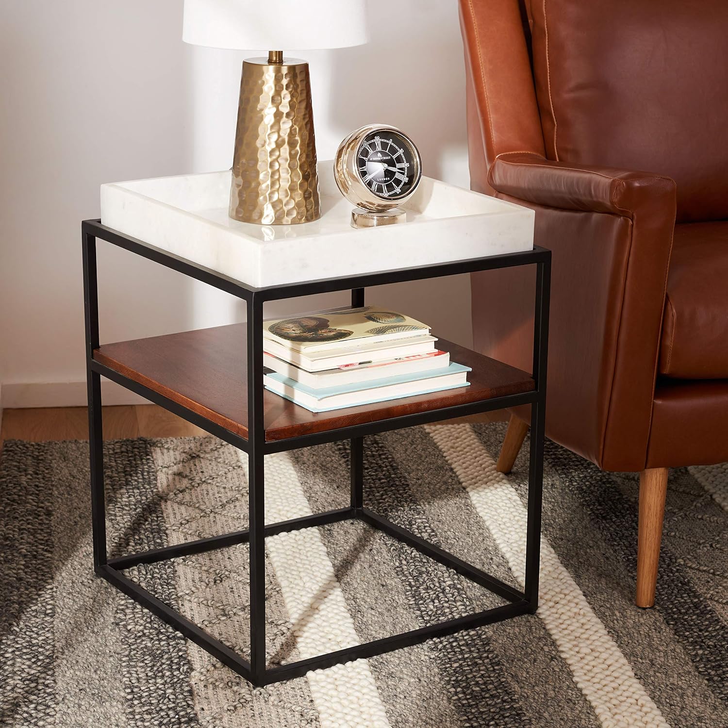 SAFAVIEH Home Kya White Marble and Walnut 2-Tier Accent Table