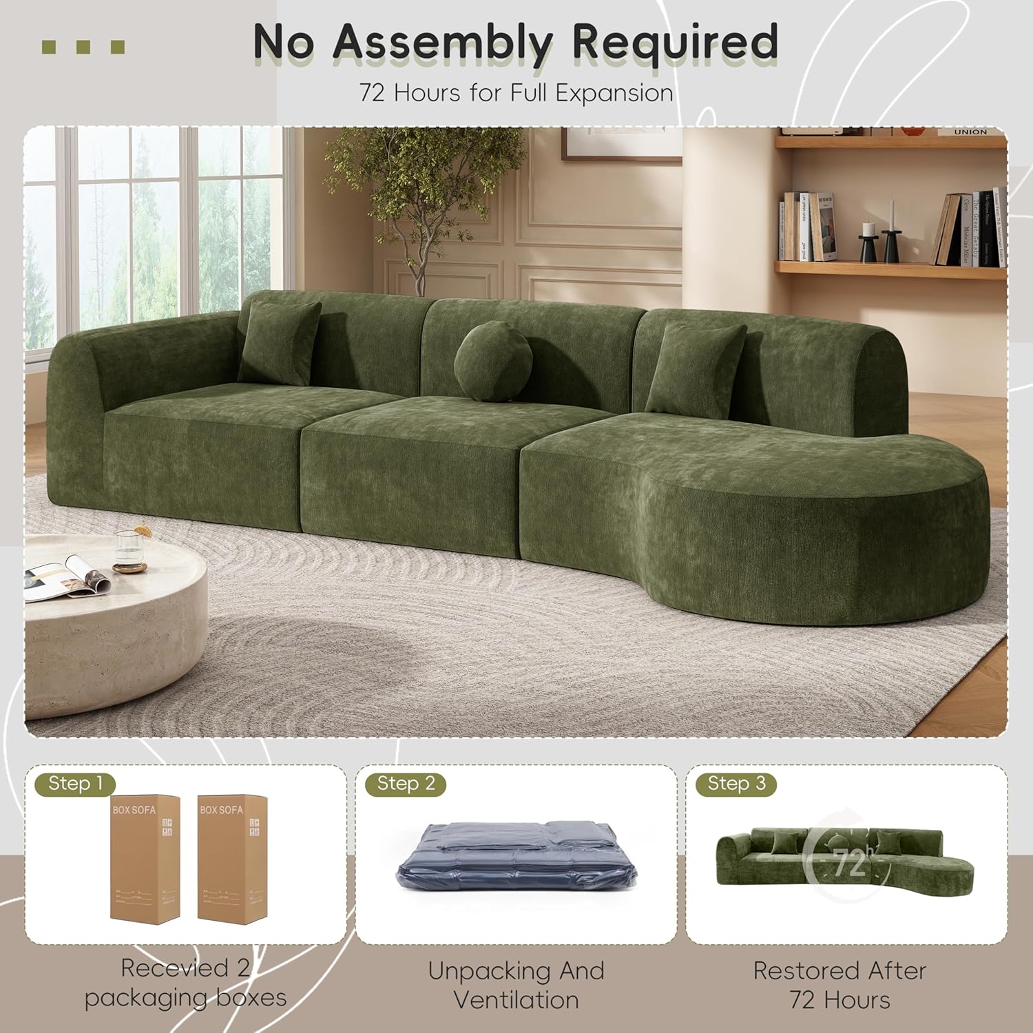 Christopher Knight Home Grelyn Modern Curved Modular Sectional Sofa, Wool Fabric Large Cloud Couch, 6-Seater L-Shaped Couch for Living Room, 3-Piece Lounge Sofa with Chaise,Fully Assembled,Olive Green