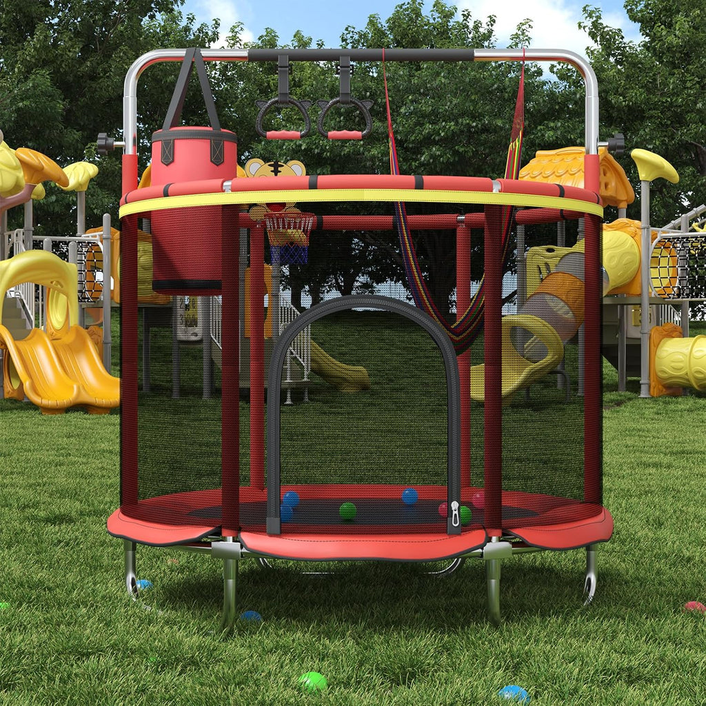 60' Trampoline for Kids,5FT Adjustable for Toddler Trampoline with Enclosure Net,Trampolines Indoor/Outdoor with Basketball Ball& Toys for Boys & Girls