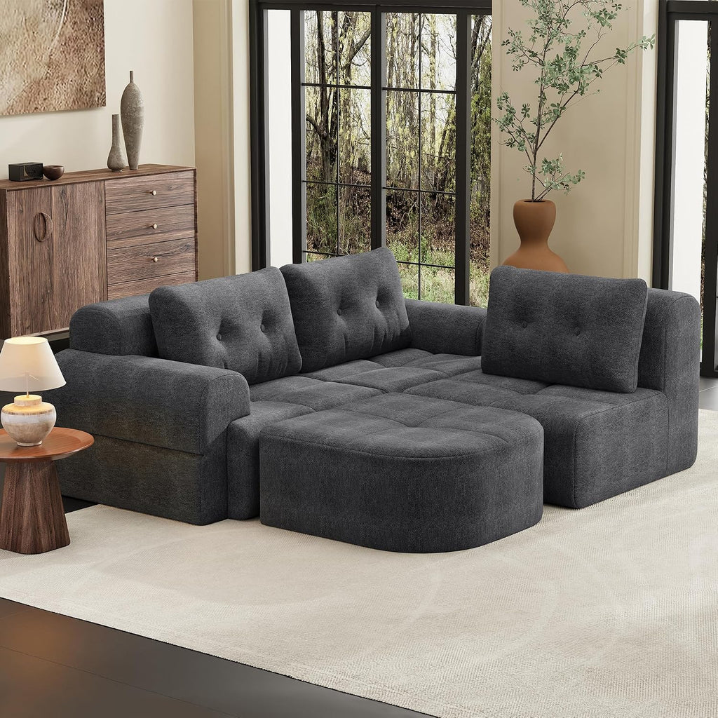 112' Compressed Boneless Sectional Sofa with Movable Ottoman Convertible L Shaped Modular Corner Couch for Living Room - Oversized Cloud Couches W/Tufted Cushions and Deep Seat