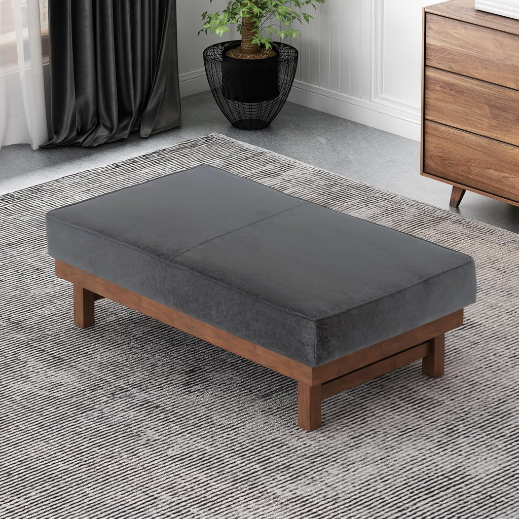 Christopher Knight Home Hillman Microfiber Cocktail Ottoman Bench, Wood Frame Rectangular Upholstered Coffee Table, Living Room/Bedroom/Entryway Sofa Extra Seat, End of Bed Footstool, Dark Gray+Walnut