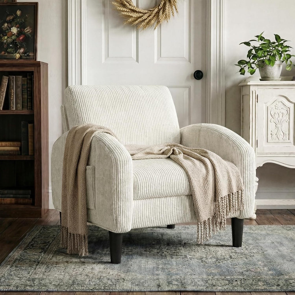 Homkdom Accent Chair for Living Room,Mid Century Modern Reading Chair with 2 Side Pockets,Upholstered Armchair for Apartment,Small Room,Beige