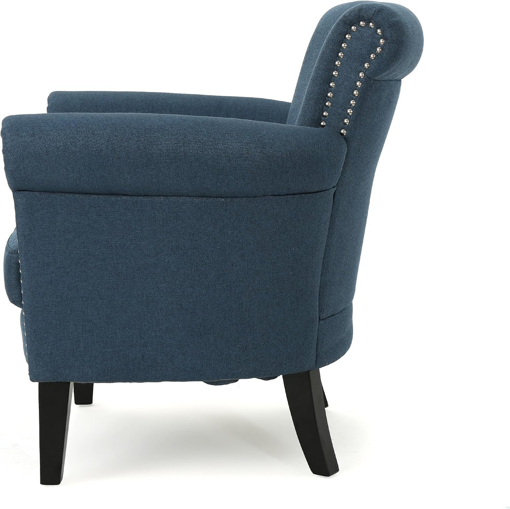Christopher Knight Home Brice Vintage Scroll Arm Studded Fabric Club Chair, Navy Blue / Dark Brown 31D x 29.5W x 31.5H in