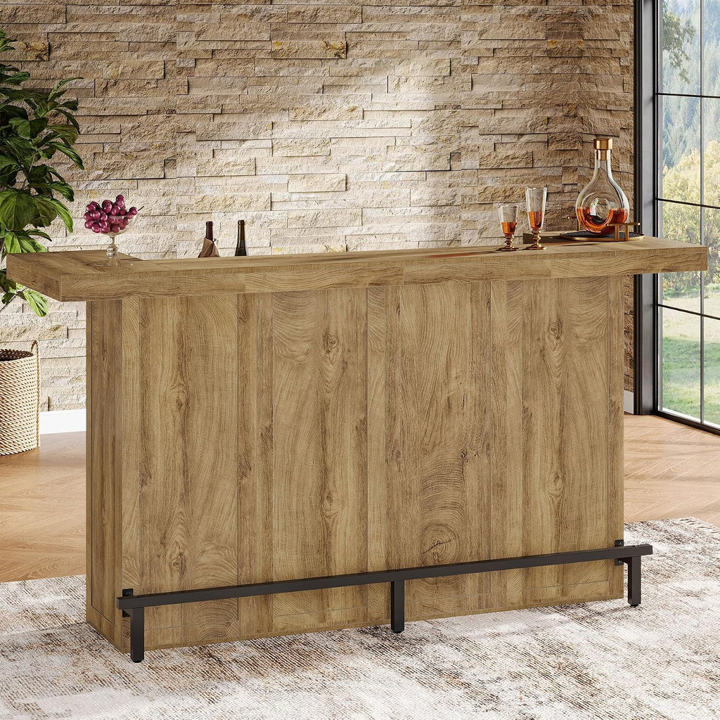 Tribesigns 4-Tier Bar Table, 70.9-Inch Large Wooden Home Bar Unit with Wine Glass Holder and Black Footrest, Pub Table with Storage Shelves for Basement, Dining Room, Living Room, Light Brown