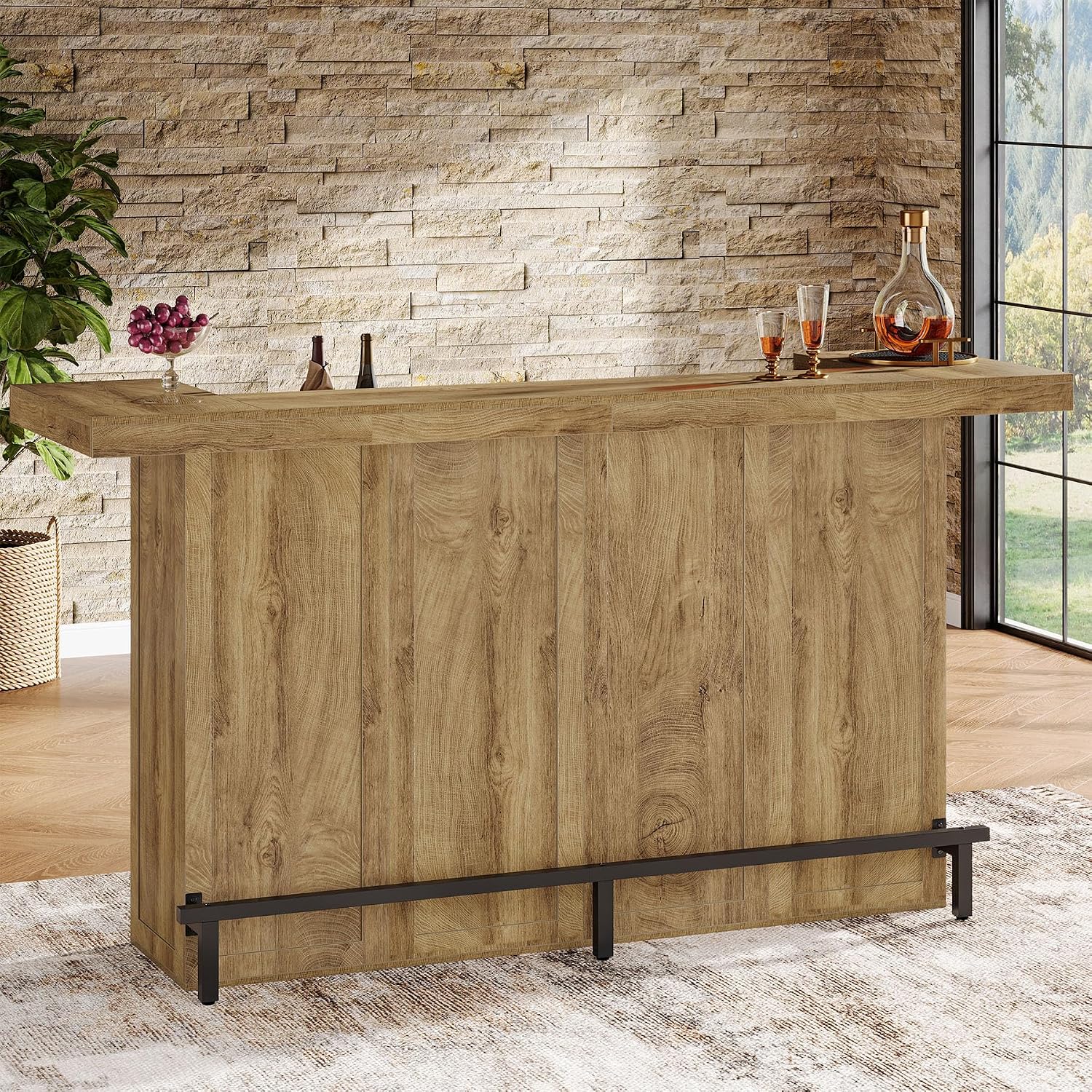 Tribesigns 4-Tier Bar Table, 70.9-Inch Large Wooden Home Bar Unit with Wine Glass Holder and Black Footrest, Pub Table with Storage Shelves for Basement, Dining Room, Living Room, Light Brown