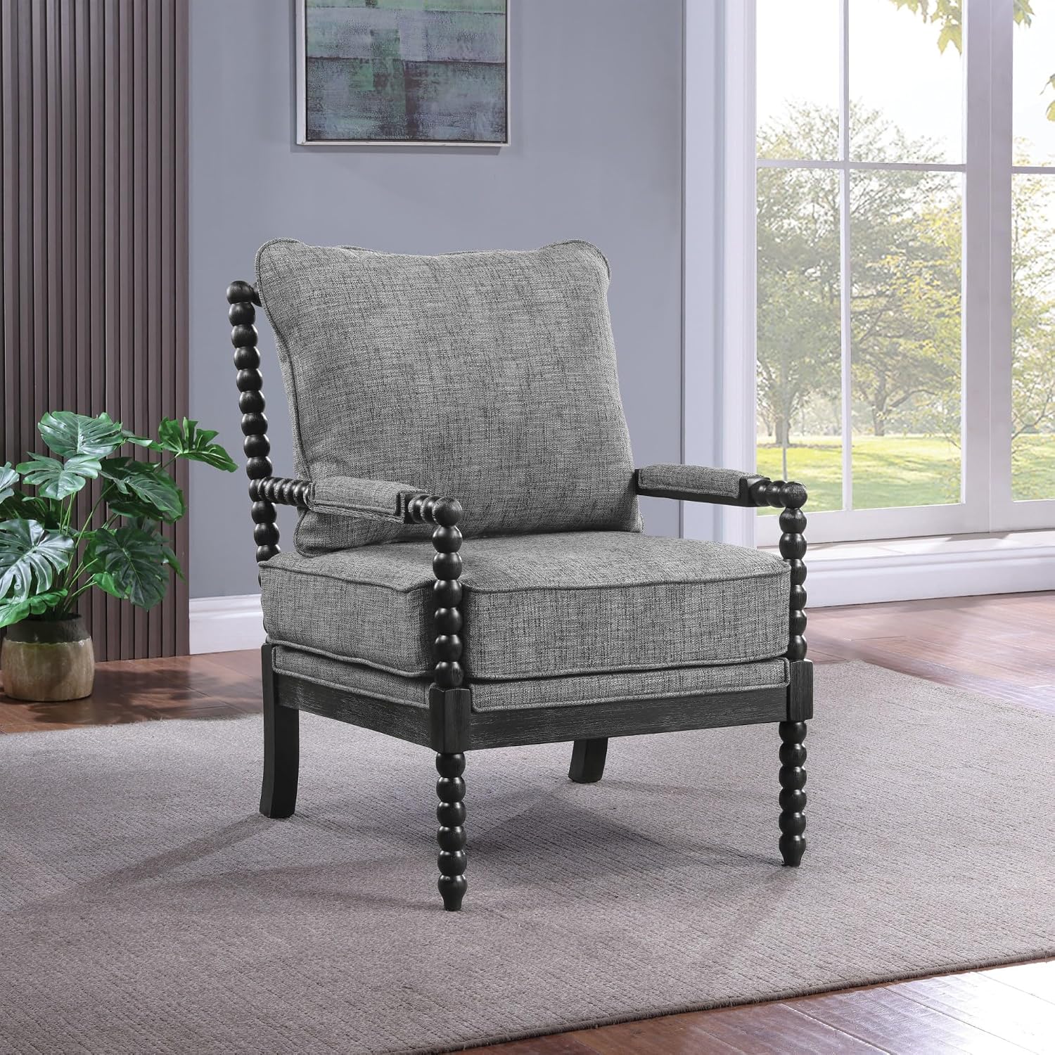 OSP Home Furnishings Eliza Spindle Accent Chair, Graphite Grey Fabric with Black Wood