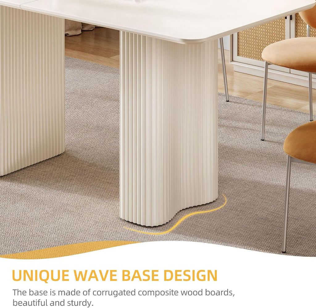 DWVO 63'' Dining Table for 4-6 People Modern Rectangular Kitchen Table with Solid Wave Curved Legs Large Cream White for Dining Room Kitchen Home Office Apartment Office White