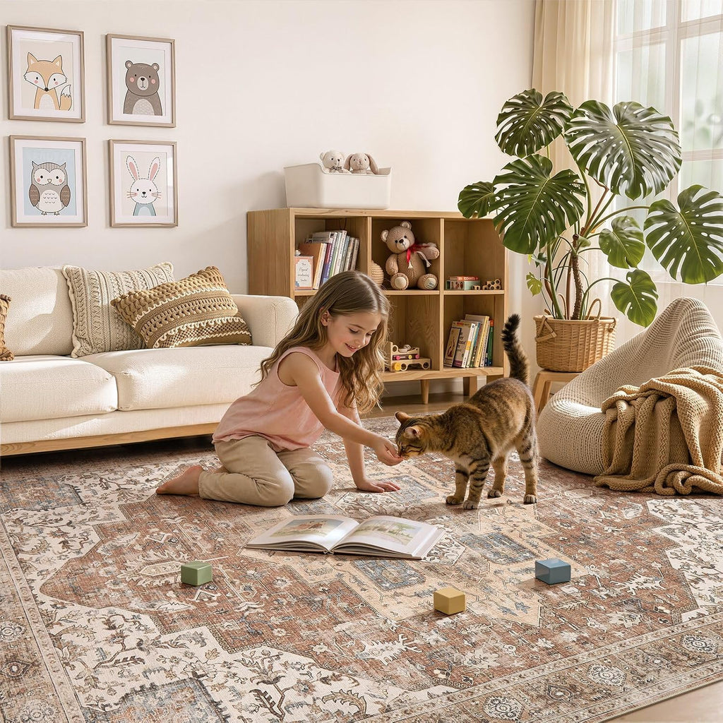Washable Rug 12x15 Area Rugs: Boho Vintage Distressed Oriental Medallion Neutral Thin Large Rug Carpet for Living Room Bedroom Dining Room Home Office Decor - Brick Red
