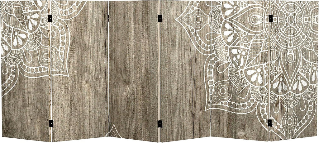 Red Lantern 3 ft. Short Double Sided Mandala on Oak Canvas Folding Screen 6 Panel Freestanding Partition and Separator for Modern and Contemporary Bedroom, Home Office, Studio, Dorm, Apartment