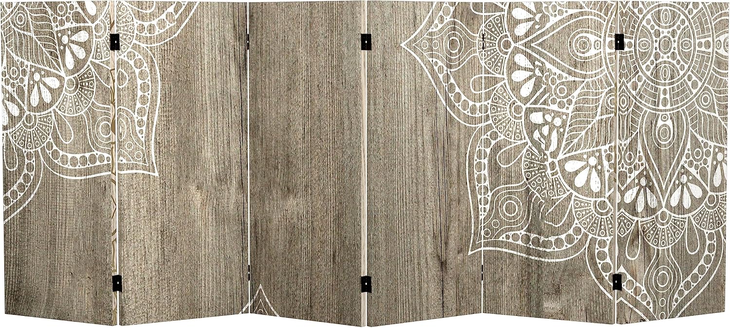 Red Lantern 3 ft. Short Double Sided Mandala on Oak Canvas Folding Screen 6 Panel Freestanding Partition and Separator for Modern and Contemporary Bedroom, Home Office, Studio, Dorm, Apartment