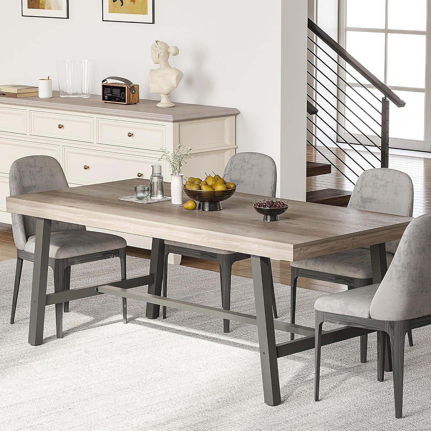 70 Inch Farmhouse Dining Table for 6 to 8, Large Rectangular Dinner Table for Dining Room, Home Office, Living Room, Gray
