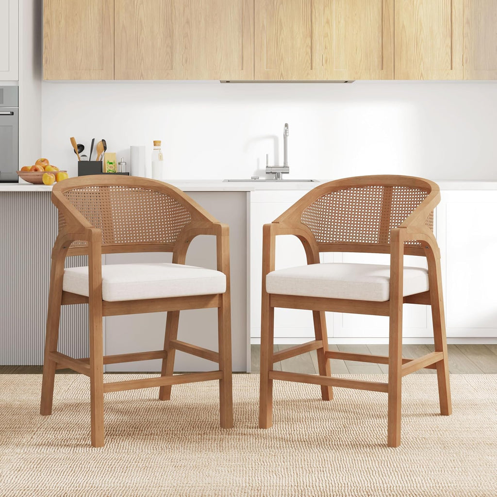 Christopher Knight Home Set of 2 Morley Wooden Counter Height Bar Stool, Kitchen Island Barstool with footrest, Curved Backrest Dining Chair, Soft Removable Cushions, Beige+Natural