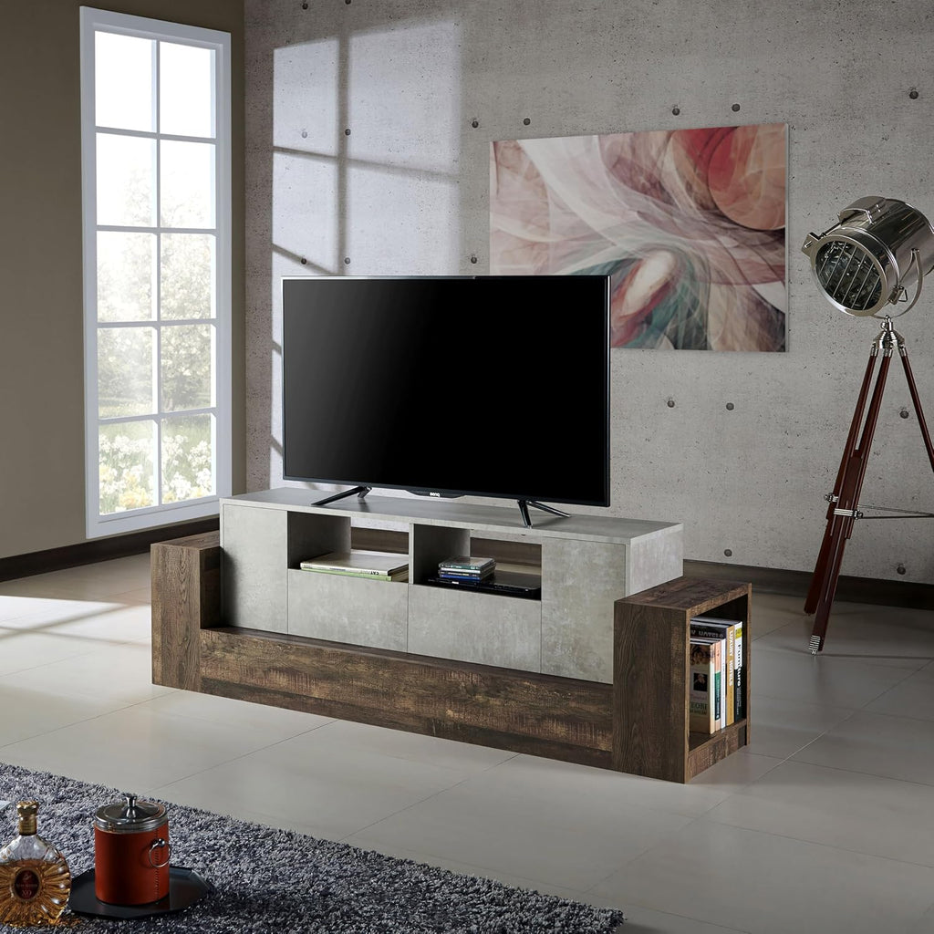 HOMES: Inside + Out Chauncy Contemporary 2 Open Shelves TV Stand with 2 Drawers On Metal Glides, Media Center, for Family Room, Entertainment Room, Entertaining, Movie Night, 71-inch, Gray Concrete