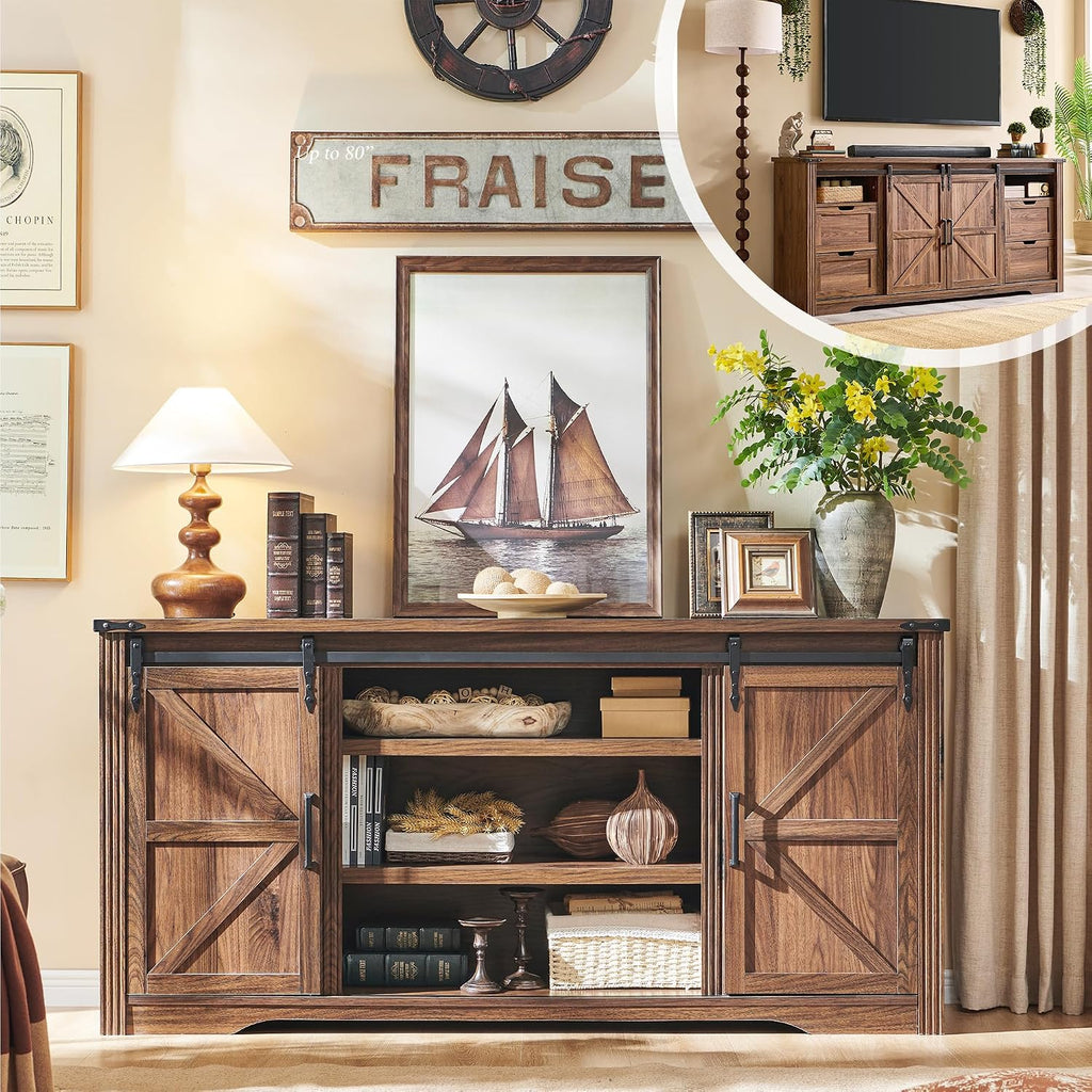 JXQTLINGMU Farmhouse TV Stand for 75+ Inch TV, 32' Tall Entertainment Center w/4 Drawers & Sliding Barn Door, Rustic Media Console w/Storage Shelves, 66' Wood Television Stand for Living Room, Brown