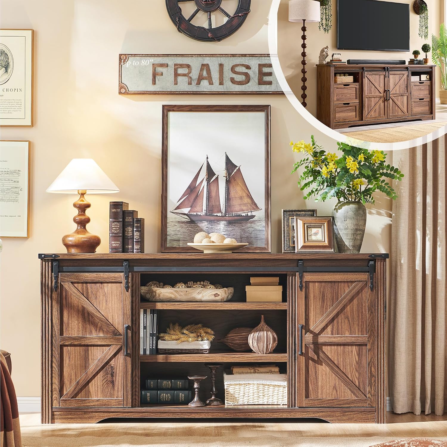 JXQTLINGMU Farmhouse TV Stand for 75+ Inch TV, 32' Tall Entertainment Center w/4 Drawers & Sliding Barn Door, Rustic Media Console w/Storage Shelves, 66' Wood Television Stand for Living Room, Brown