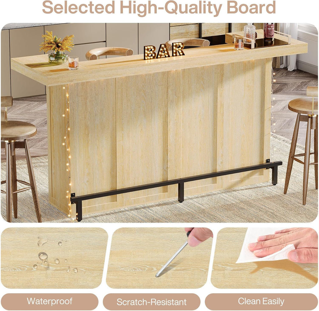 Tribesigns 4-Tier Bar Table, 70.9-Inch Large Wooden Home Bar Unit with Wine Glass Holder and Black Footrest, Pub Table with Storage Shelves for Home, Patio, Basement, Oak