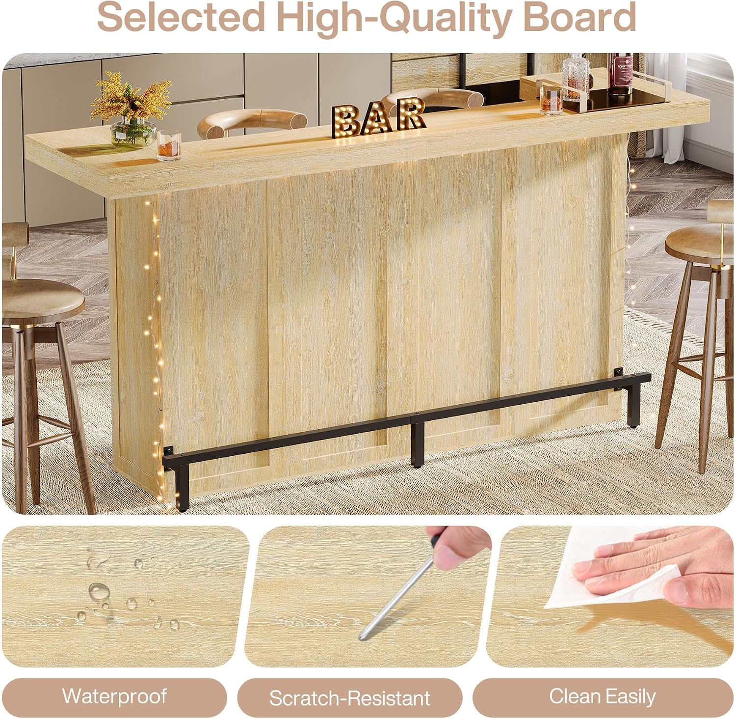 Tribesigns 4-Tier Bar Table, 70.9-Inch Large Wooden Home Bar Unit with Wine Glass Holder and Black Footrest, Pub Table with Storage Shelves for Home, Patio, Basement, Oak