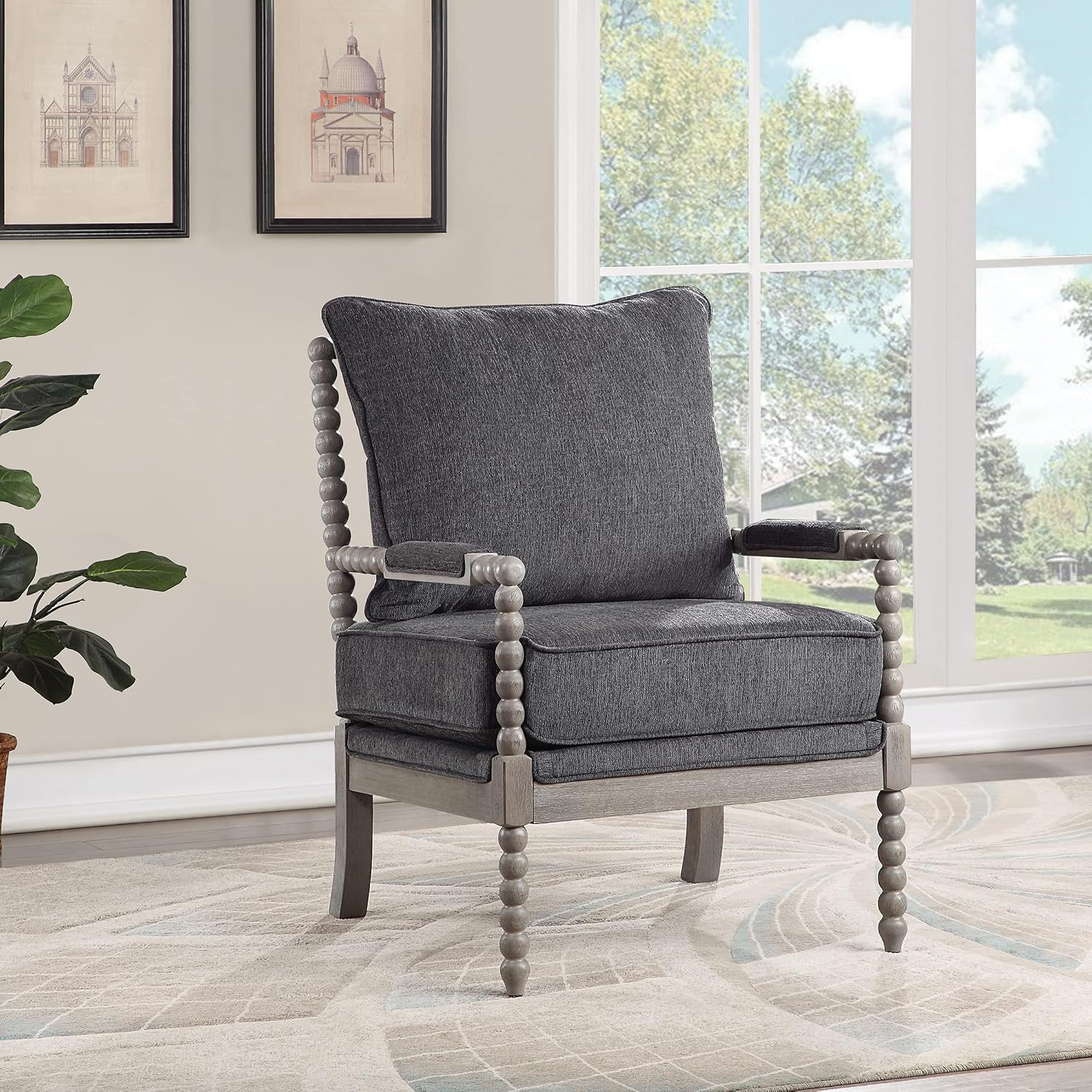 OSP Home Furnishings Abbott Spindle Accent Chair with Padded Spring Seat and Brushed Grey Base, Charcoal Fabric
