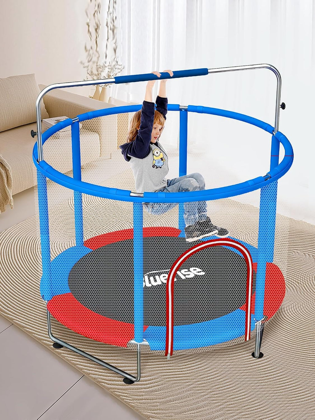 BLUERISE 60' Trampoline for Kids 5FT Toddler Trampolines Indoor/Outdoor with Adjustable Gymnastics Bar & Safety Net, No-Gap Design, Anti-Rollover Bottom, Basketball Hoop, Gifts for Boys & Girls