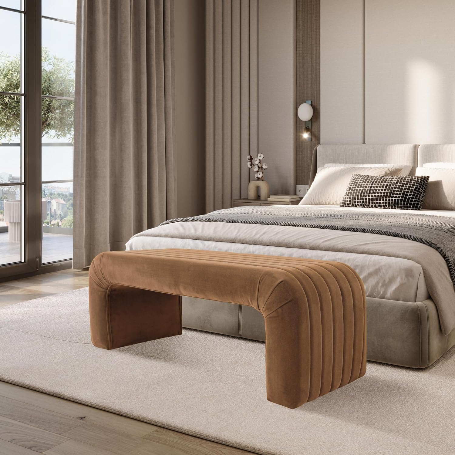 Spatial Order 48' Modern Arch Channel Bench - Rust Orange Velvet