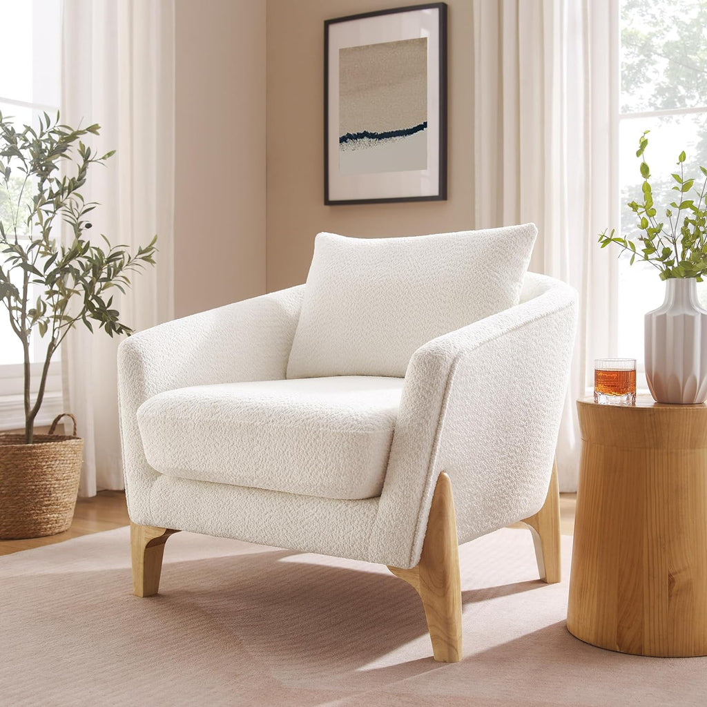 VANOMi Accent Chairs for Living Room, Sherpa Armchair with Cushion, Comfy Chair for Bedroom, Reading, Corner, Apartment, White