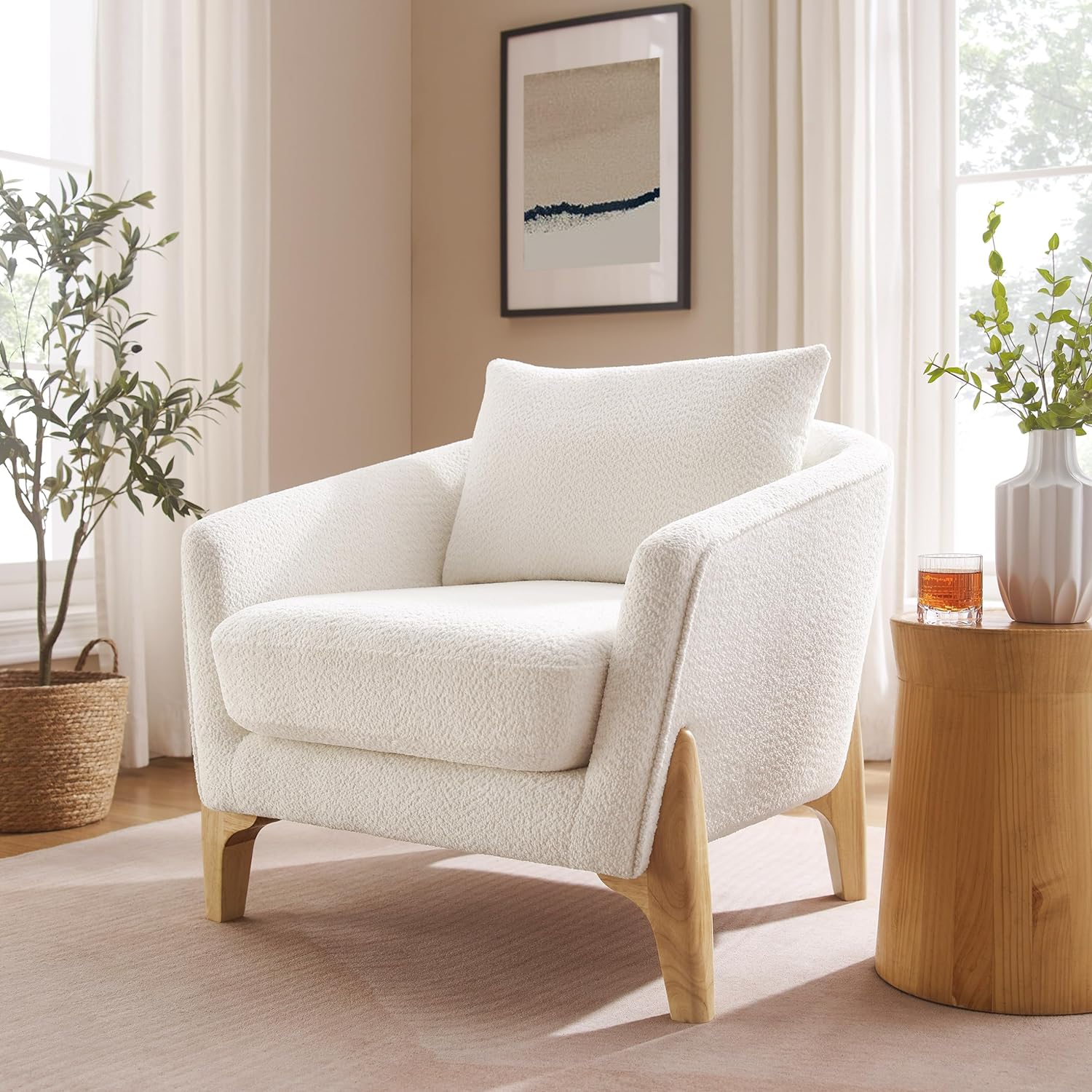 VANOMi Accent Chairs for Living Room, Sherpa Armchair with Cushion, Comfy Chair for Bedroom, Reading, Corner, Apartment, White