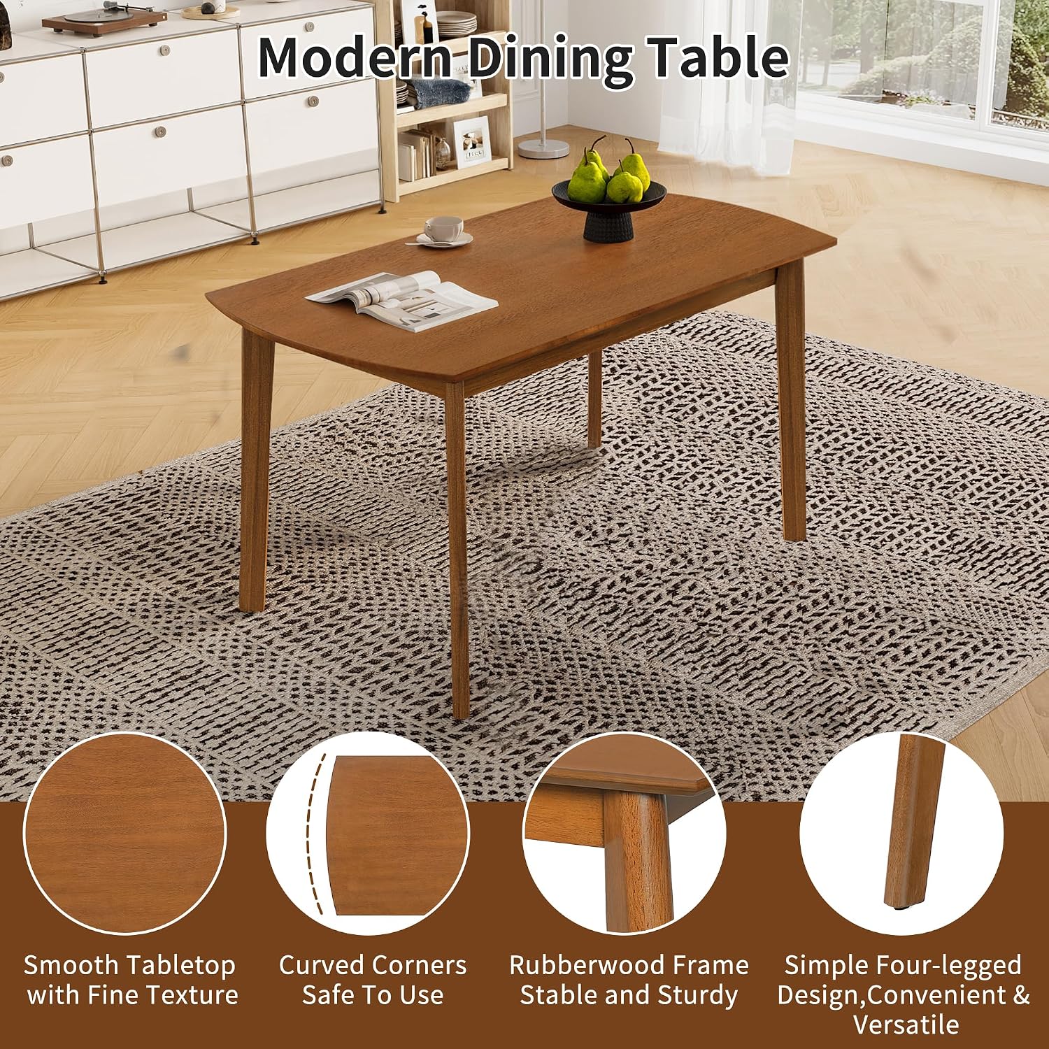 Merax 5 Piece Solid Wood Dining Table Set, Farmhouse Mid-Century Modern Table & 4 Upholstered Chairs for Home, Kitchen, Apartment, Space Saving, Brown+Biege