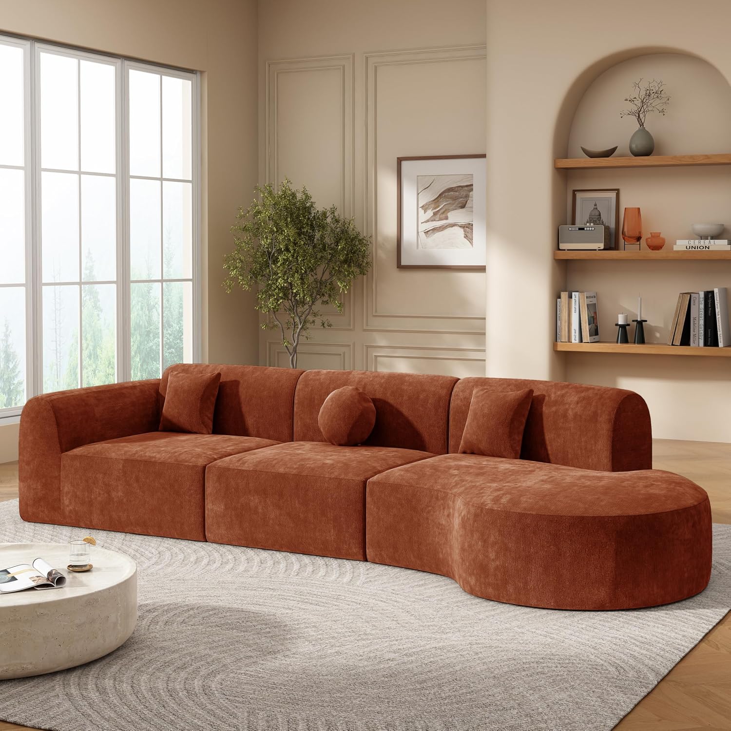 Christopher Knight Home Grelyn Modern Curved Modular Sectional Sofa, Wool Fabric Large Cloud Couch, 6-Seater L-Shaped Couch Living Room, 3-Piece Lounge Sofa with Chaise,Fully Assembled,Brownish Orange