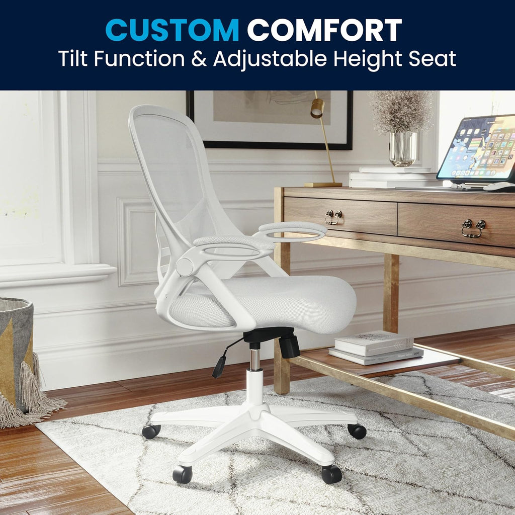 Flash Furniture Porter High-Back Swivel Office Chair with Adjustable Lumbar Support and Height, Ergonomic Mesh Desk Chair with Flip-Up Armrests, White