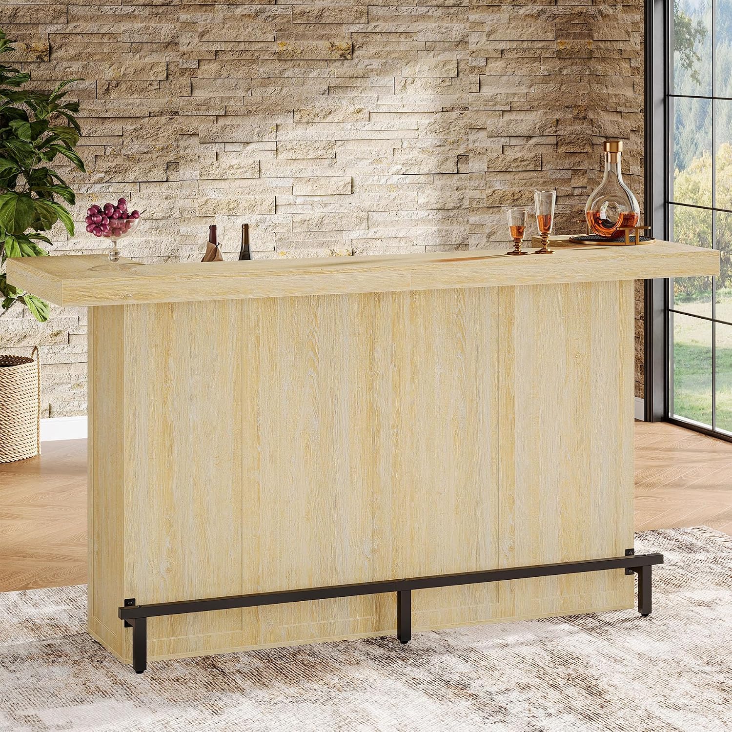Tribesigns 4-Tier Bar Table, 70.9-Inch Large Wooden Home Bar Unit with Wine Glass Holder and Black Footrest, Pub Table with Storage Shelves for Home, Patio, Basement, Oak