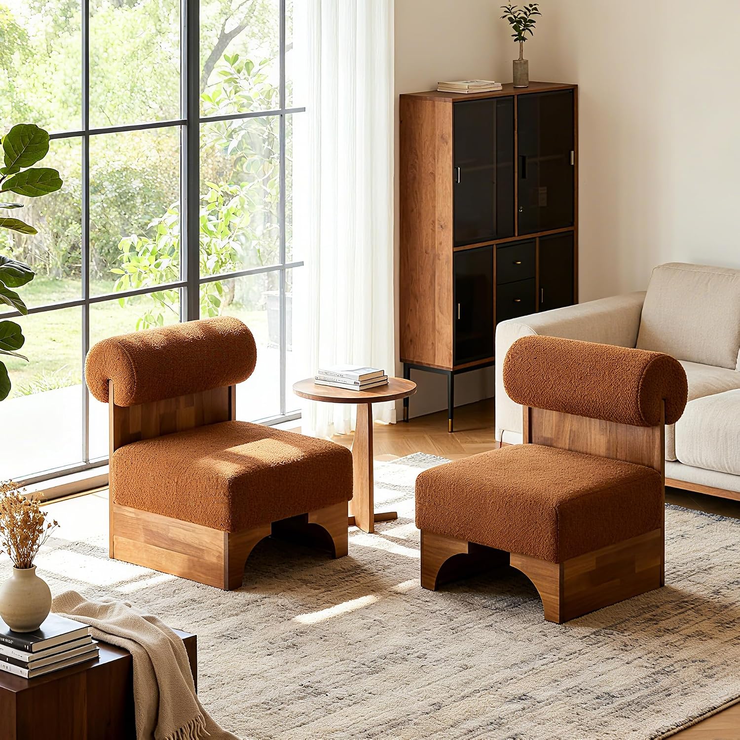 Christopher Knight Home Nadine Boucle Club Chair, Upholstered Lounge Chair, Rolled Backrest Accent Chairs, Solid Wood Legs Frame Single Sofa for Living Reading Room, Accent Chairs Set of 2, Brown
