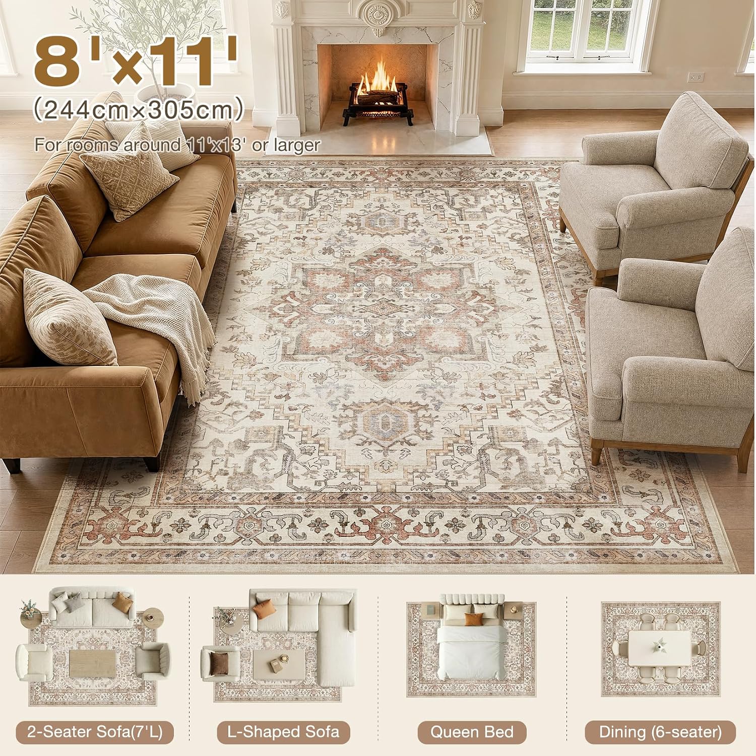 Washable Rug 8x11 Area Rugs: Boho Vintage Distressed Oriental Medallion Neutral Thin Large Rug Carpet for Living Room Bedroom Dining Room Home Office Decor - Beige