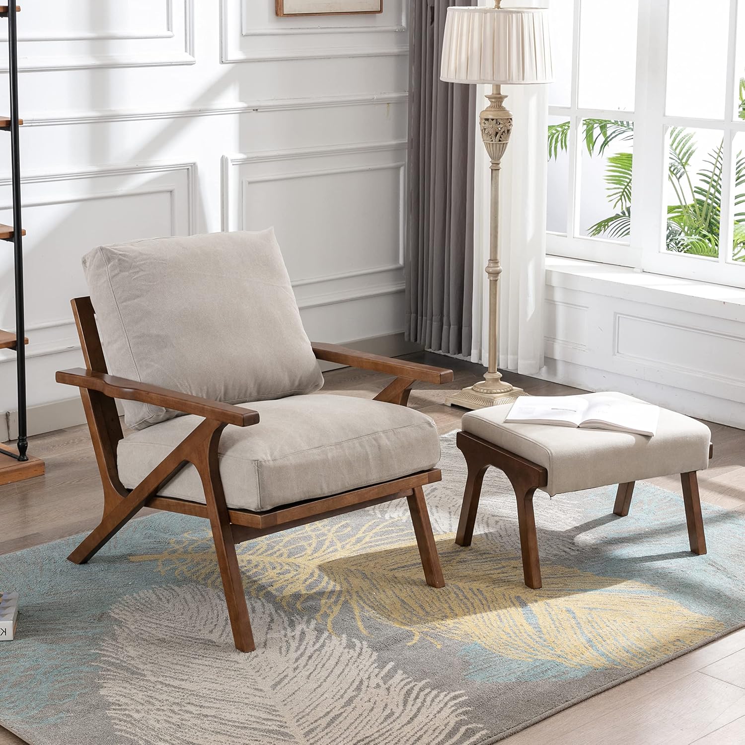 chairus Mid-Century Modern Accent Chair with Ottoman, Comfy Upholstered Lounge Armchair with Removable Cushions & Solid Wood Frame, Reading Chair for Living Room Bedroom Office, Beige Denim Fabric
