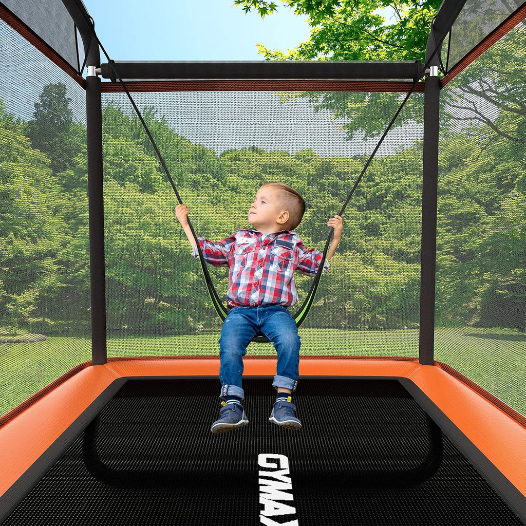 GYMAX Trampoline for Kids, 6FT Toddler Trampoline with Swing & Enclosure Safety Net, ASTM Approved Rectangle Recreational Trampoline for Indoor/Outdoor, Birthday for Baby Boys & Girls