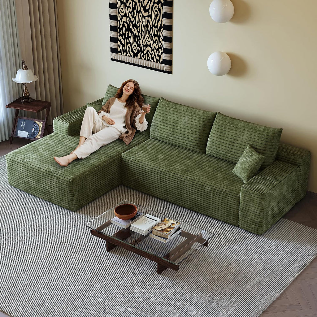 Eafurn Oversized L-Shaped Modular Sectional Sofa with Chaise, Fluffy Corduroy Upholstered Boneless Couch with Deep Seat, Minimalist Flexible Combination for Living Room
