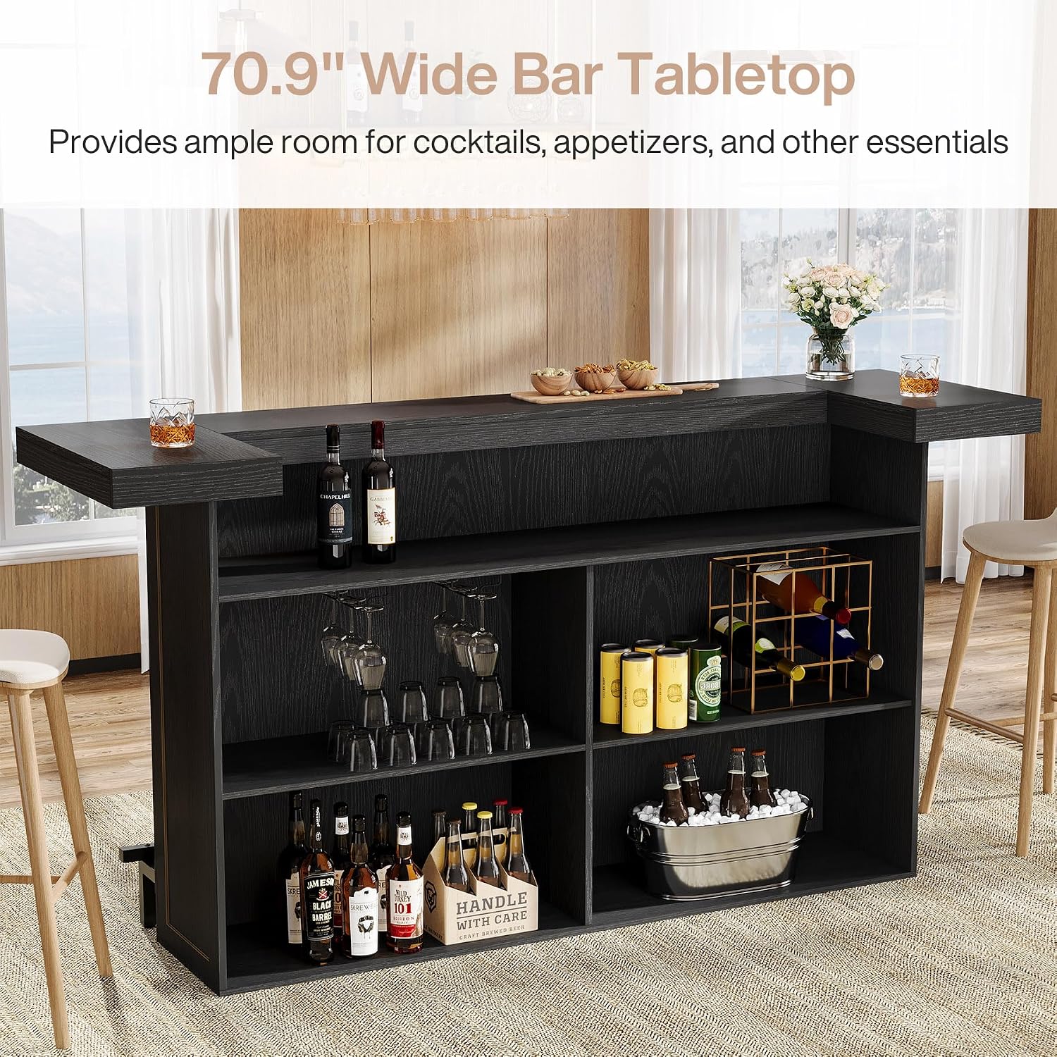Tribesigns 4-Tier Bar Table, 70.9-Inch Large Wooden Home Bar Unit with Wine Glass Holder and Black Footrest, Pub Table with Storage Shelves for Dining Room, Living Room, Black