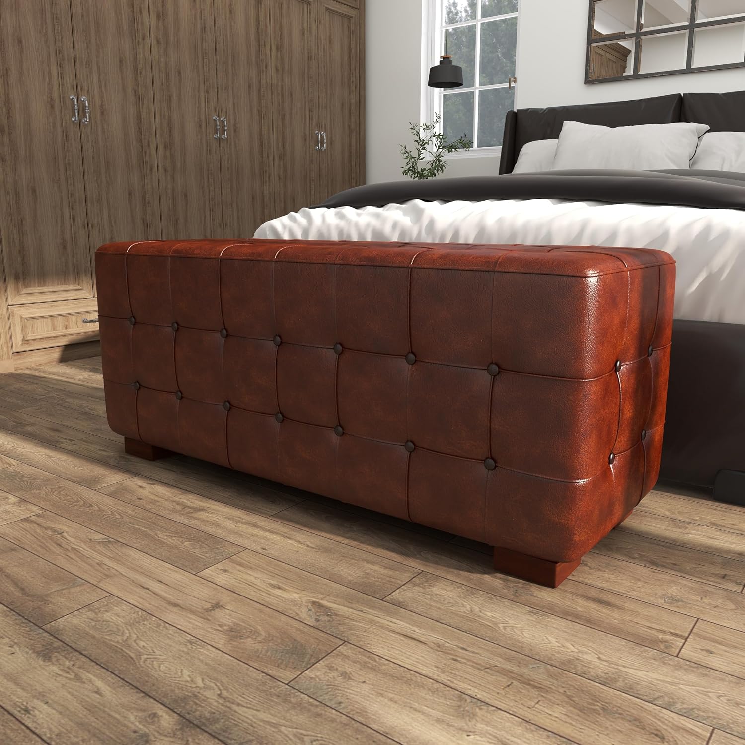 Deco 79 Leather Home Bench Tufted Upholstered Entryway Bench, Bedroom Bench 48' x 18' x 20', Brown