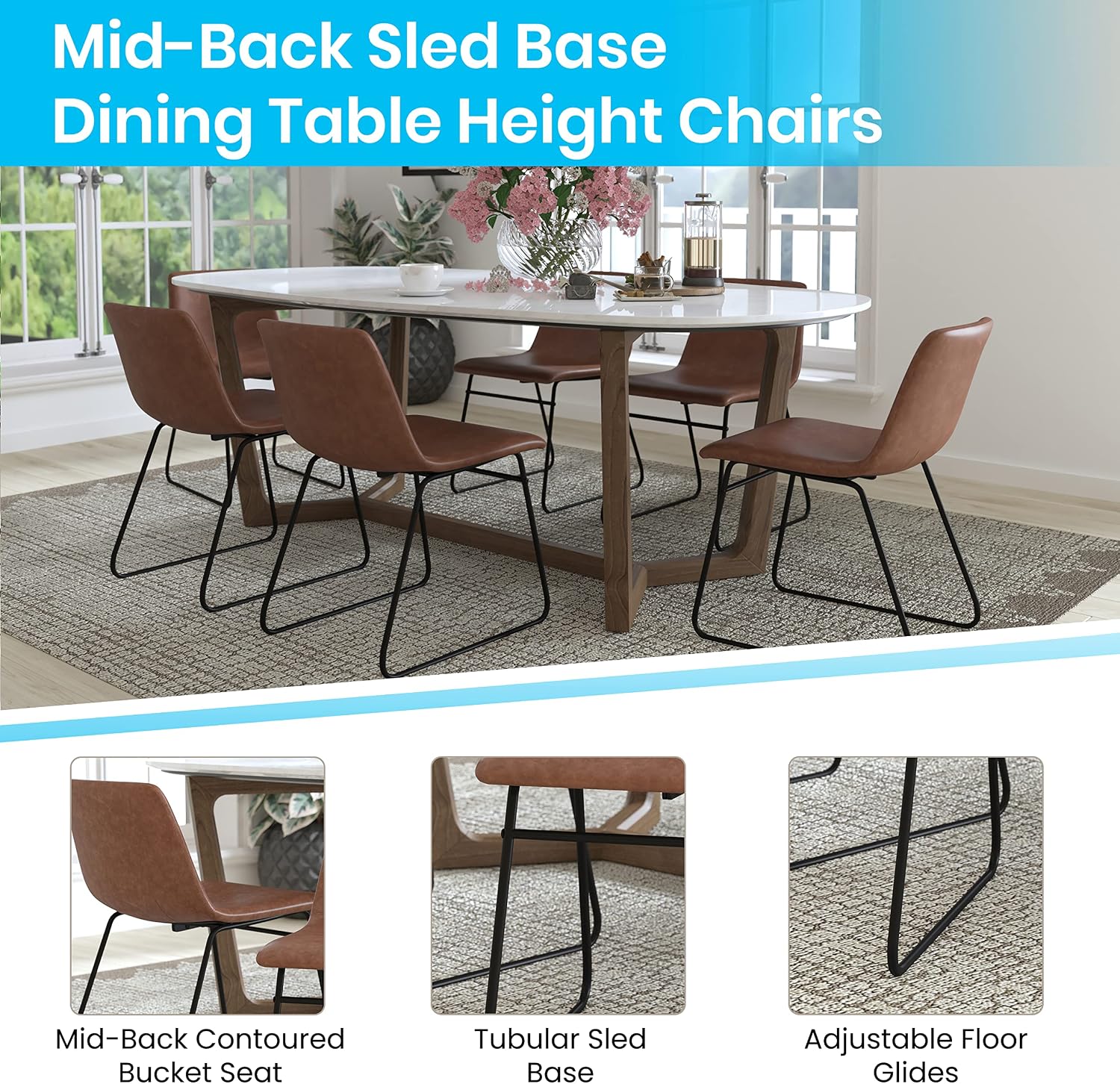 Flash Furniture Butler 18' LeatherSoft Dining Table Height Chairs, Mid-Century Modern Bucket Style Dining Chairs, Set of 2, Light Brown/Black