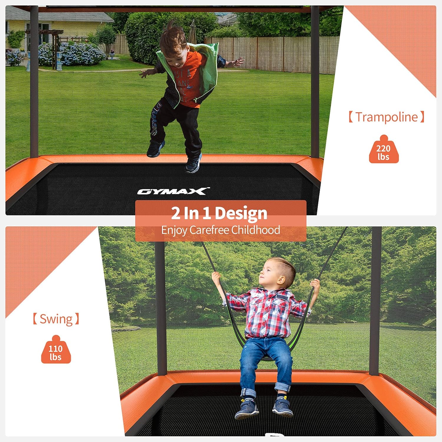 GYMAX Trampoline for Kids, 6FT Toddler Trampoline with Swing & Enclosure Safety Net, ASTM Approved Rectangle Recreational Trampoline for Indoor/Outdoor, Birthday for Baby Boys & Girls