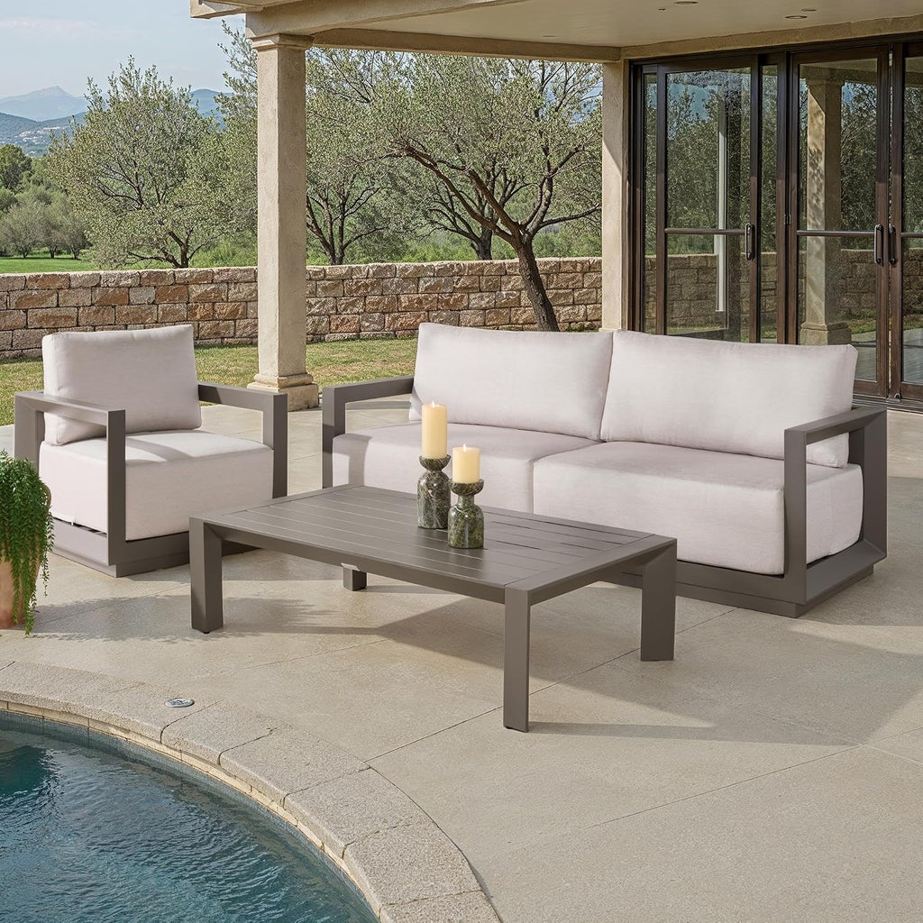 SAFAVIEH Couture Outdoor Patio Furniture Collection - Donaldo Accent Chair, Dark Grey Aluminum Frame with Beige Cushions, Fully Assembled (CPT4010A)