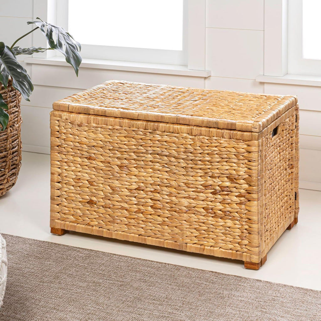 happimess HPM9005A Anada Wicker Weave 30' Storage Trunk, Wooden Frame/Water Hyacinth, Farmhouse, Transitional, Coastal, Rustic for Office, Dorm Room, Living-Room, Bedroom, Dining-Room, Natural